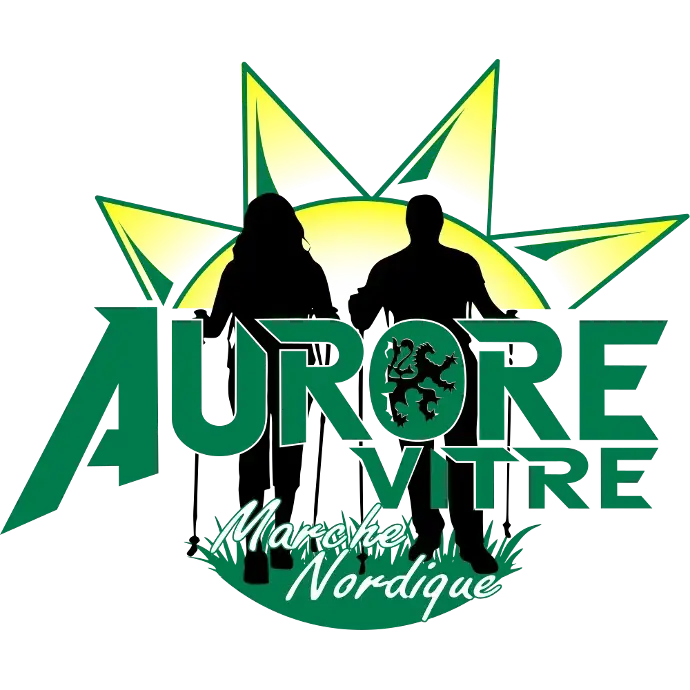 Logo Aurore Vitré Marche Nordique : deux marcheurs et soleil stylisé.