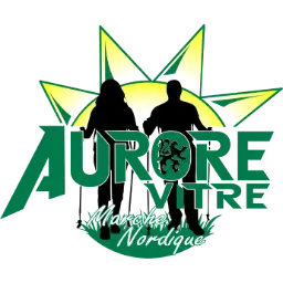 Logo Aurore Vitre Marche Nordique : silhouettes de marcheurs et soleil stylisé.